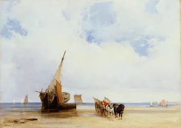 Strandede fartøjer og en vogn nær Trouville, ca. 1825 (olie på lærred)