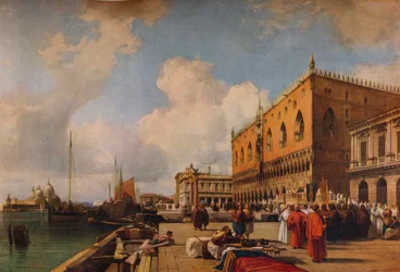 Venedig: Hertugpaladset med en religiøs procession, c1828