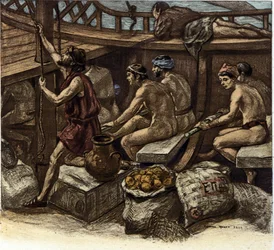 Galerianernes liv ombord på en græsk kabys i antikken. Illustration af Richard Ranft (1862-1931) 1909