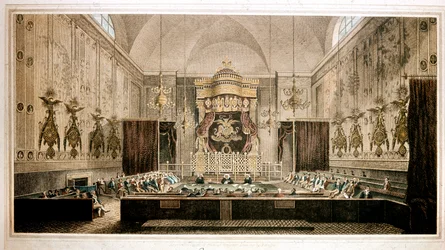 Udsigt over House of Lords, overhuset i Storbritanniens parlament. Gravering af Rothwell. Parker Gallery fra det 19. århundrede, London