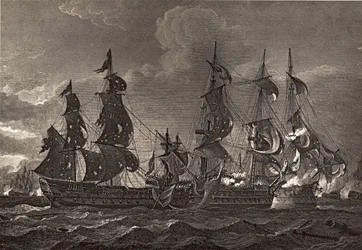 HMS-kaptajn ombord på San Nicholas og San Josef, illustration fra 