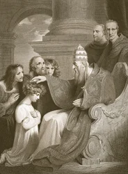 Prins Alfred før pave Leo den III, indgraveret af J. Stow, illustration fra David Humes 