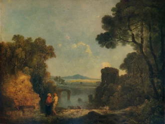 Italiensk flodlandskab med en knækket bro, c1779, 1938