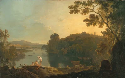 Flodscene: badende og kvæg, ca. 1763-65 (olie på lærred)