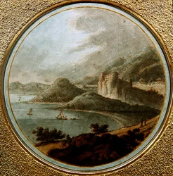Slot over en havbugt med skibe, ca. 1775 (pen & blæk med akvarel på papir)