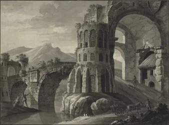 Arkitektonisk fantasi. Ruin af antik bro, flankeret af middelaldertårne