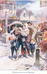 Christian begiver sig ud på sin pilgrimsrejse fra The Pilgrims Progress udgivet af John F Shaw & Co, ca. 1900-tallet (farve litho)