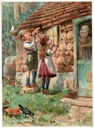 Hans og Grete, illustration fra Der var engang, udgivet af Ernest Mister, ca. 1900