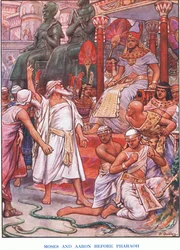 Moses og Aron foran Farao (farve litho)