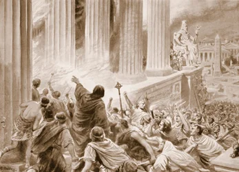Afbrændingen af biblioteket i Alexandria i 391 e.Kr., illustration fra 