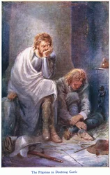 The Pilgrims in Doubting Castle, fra The Pilgrims Progress udgivet af John F Shaw & Co, ca. 1900-tallet (farve litho)