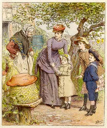 Mor og børn ved en bikube, pub. 1854.