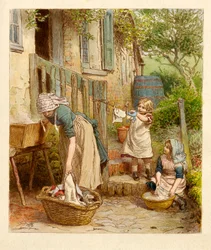 Mor og børn hænger ud i vasken, pub. 1854.