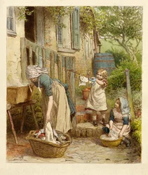 Mor og børn hænger ud i vasken, pub. 1854