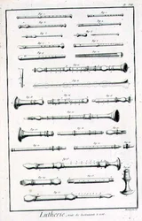 Plade VIII: Blæseinstrumenter fra Encyclopedia of Denis Diderot (1713-84) og Jean le Rond d