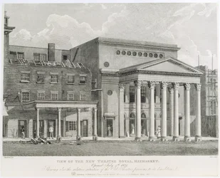 Udsigt over New Theatre Royal, Haymarket, åbnet 4. juli 1821, viser også den relative situation af det gamle teater før dets nedrivning, indgraveret af Dale, 1822