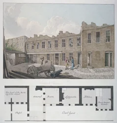 Ludgate Prison med en plan af London Workhouse, Bishopsgate, under, City of London, 1818