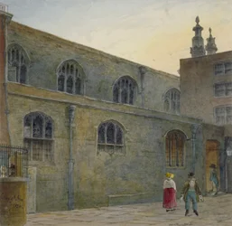 Nordsiden af Guildhall Chapel viser indgangen til Cutthroat Alley, City of London, 1820
