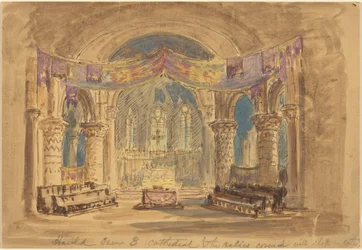 Harold Scene 3 Cathedral (The relics covered with cloth at center) (pen og sort blæk med akvarel over grafit på lysebrun karton)