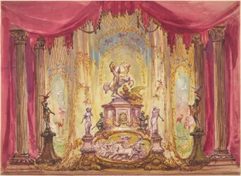 Scenesæt med en statue af Saint George, der dræber dragen