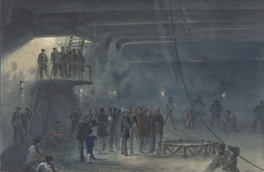 Oprulning af kablet i eftertanken om bord på Great Eastern ved Sheerness: Besøg..., 1865-66.