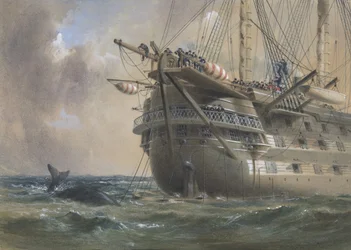 H.M.S. Agamemnon lægger det atlantiske telegrafkabel i 1858: en hval krydser linjen, 1865-66.