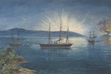The Bay of Bull Arms, Trinity Bay, Newfoundland, bål tændt på bakkerne for at underrette..., 1865-66