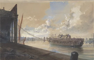 Kablet gik fra værket til hulken den gamle fregat Iris, der ligger i Themsen..., 1865-66