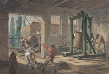 Hjulene af Guttaperka-beklædt ledende wire transporteret ind i tanke på værket..., 1865-66.