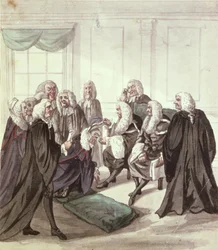 Et kig ind i Westminster Hall on a Call of Sergeants, 1700-tallet (pen og blæk og wc på papir)
