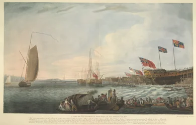 A View of Blackwall, med en del af Dockyard, ved lanceringen af Bombay Castle, 74 kanoner, bygget på bekostning af Hon. East India Company og præsenteret af dem til Hans Majestæt i juni 1782