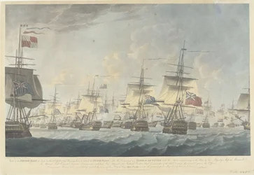 Slaget ved Kamperduin (1797): angreb fra den britiske flåde Udsigt over den britiske flåde ved middagstid den 11. oktober 1797, der bærer ned for at angribe den hollandske flåde (...) (titel på objektet)