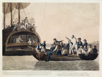 Mytteristerne, der bliver løjtnant Bligh og en del af officererne og besætningen Adrift, 29. april 1789, pub. 1790