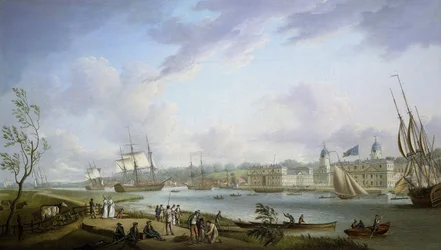 Udsigt over Greenwich, beskrivelse af Themsen og aktiviteterne på dens bredder, samt af flodsejlads med forbehold for tidevandets betydning. Olie på lærred