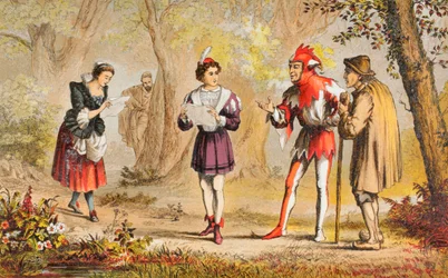 Rosalind taler i As You Like It, 3. akt, 2. scene: "Fred! Her kommer min søster", fra "The Illustrated Library Shakespeare", udgivet i London 1890 (farvelitografi)