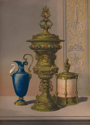 Vase med forgyldt sølv og juvel, porcelænsvase, cigarskrin, 1863