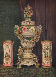 Vase af Dresden porcelæn og par porcelænsbægre, 1863.
