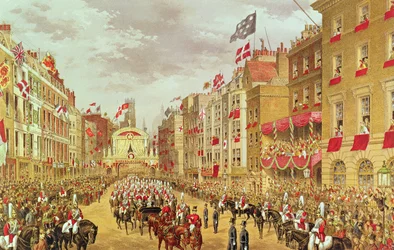 Edward, prins af Wales og prinsesse Alexandras bryllupsprocession kører gennem byen ved Temple Bar, 7. marts 1863, illustration fra 