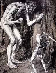 Ridderen og kæmpen. Illustration af Robert Engels (1856 - 1936). Tysk gravering. (Düsseldorf)