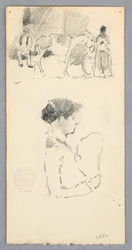 Tegning, Scene med æsel og to figurer; kvinde med vifte, 1882