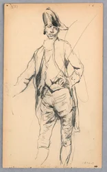 Tegning, stående mandsfigur i 1600-talsdragt, 1876-77