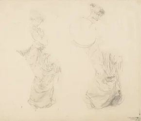 Studie af to kvindefigurer for Moods to Music vægmaleri, 1893-95 (grafit med rød blyant på buff-vævet papir)