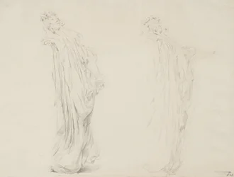 Studie af to kvindefigurer til Moods to Music vægmaleri, 1893-95 (grafit med gul blyant på cremevævet papir)
