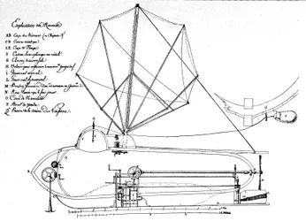 Skitse af Nautilus, den første undervandsbåd, opfundet af amerikaneren Robert Fulton (1765-1815). Dette er tegningen, han forelagde eksekutivrådet i 1797