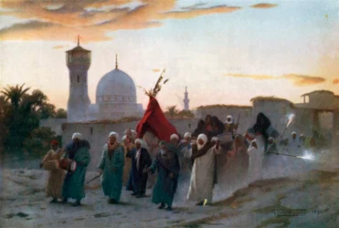 En bryllupsprocession i Menzala: Brudens hjemkomst (farvelitografi)