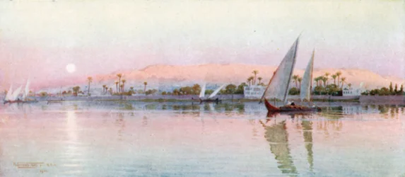 Cairo fra floden - aften (farvelitografi)