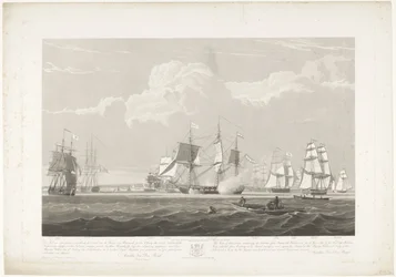 Afgang af tolv hollandske handelsskibe fra Portsmouth Harbour, 1833 (plade 3) Dette sæt på tre plader viser afgangen fra Portsmouth Harbour den 2. juni 1833 af 12 Nederlandsche Koopvaardy-skibe fra Embargo losset