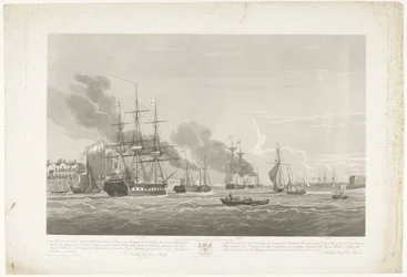 Afgang af tolv hollandske handelsskibe fra Portsmouth Harbour, 1833 (plade 2) Dette sæt på tre plader viser afgangen fra Portsmouth Harbour den 2. juni 1833 af 12 Nederlandsche Koopvaardy-skibe fra Embargo losset