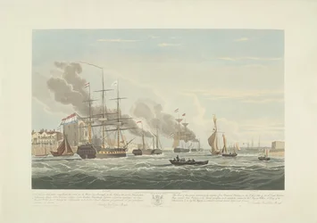 Afgang af tolv hollandske handelsskibe fra Portsmouth Harbour, 1833 (plade 2) Dette sæt på tre plader viser afgangen fra Portsmouth Harbour den 2. juni 1833 af 12 Nederlandsche Koopvaardy-skibe fra Embargo losset