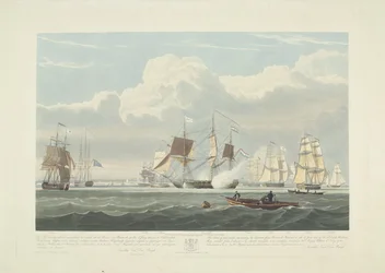 Afgang af tolv hollandske handelsskibe fra Portsmouth Harbour, 1833 (plade 3) Dette sæt på tre plader viser afgangen fra Portsmouth Harbour den 2. juni 1833 af 12 Nederlandsche Koopvaardy-skibe fra Embargo losset